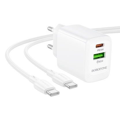 Netværksoplader med USB-C kabel Borofone BN29 Fuente, 30W, 3A, 1 x USB-A - 1 x USB-C, Hvid