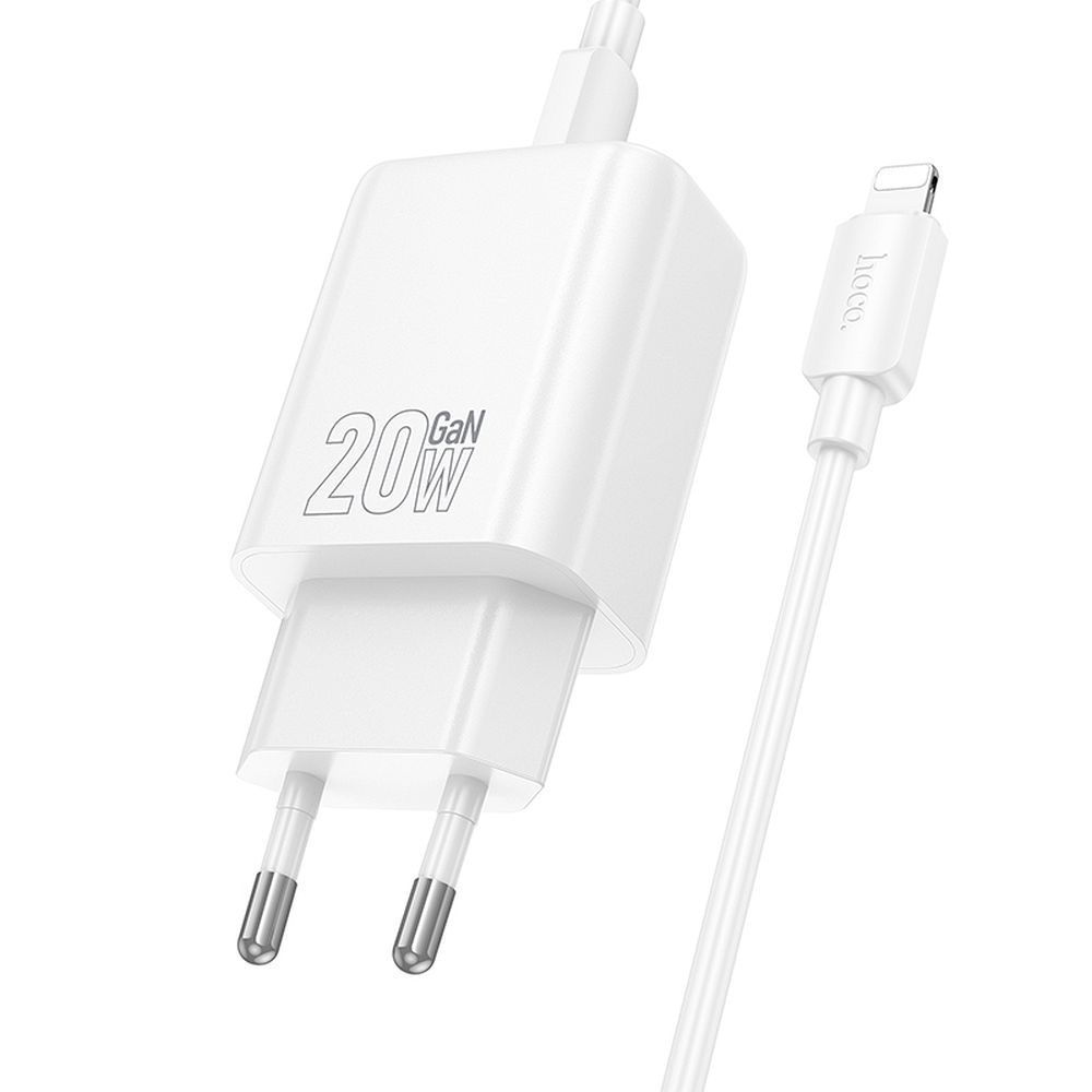 Netværksoplader med Lightning-kabel HOCO N61, 20W, 3A, 1 x USB-A - 1 x USB-C, Hvid