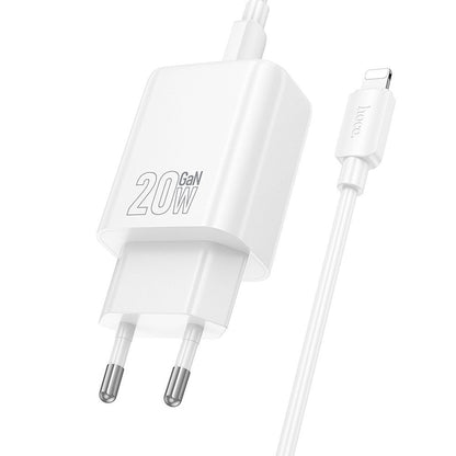 Netværksoplader med Lightning-kabel HOCO N61, 20W, 3A, 1 x USB-A - 1 x USB-C, Hvid