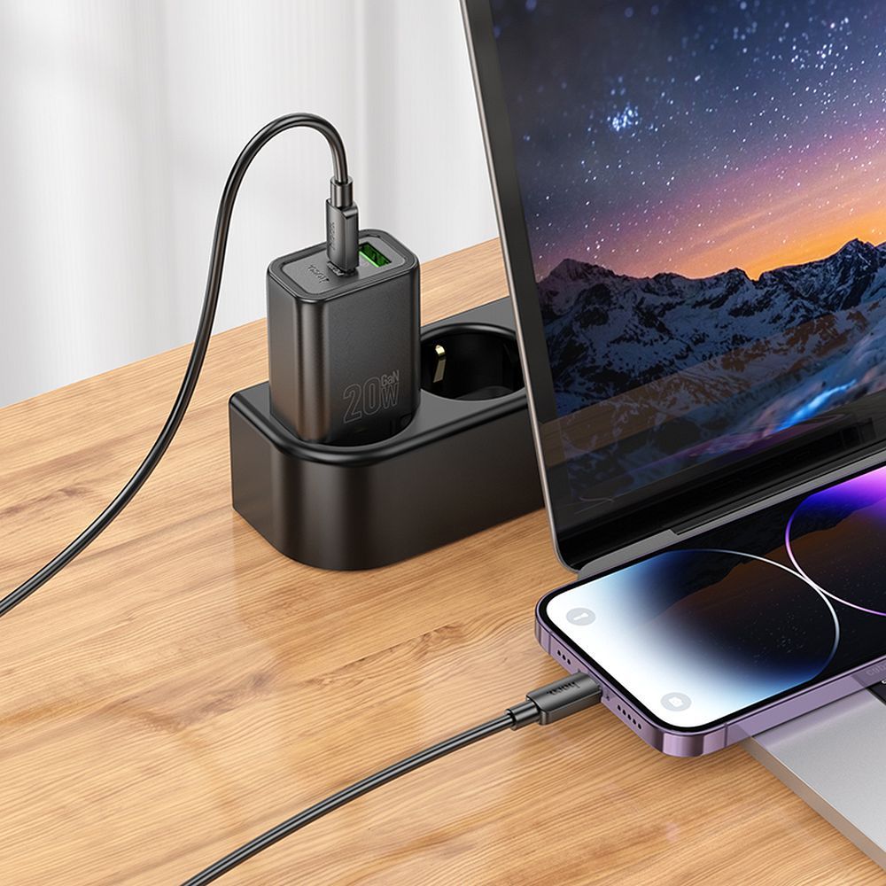 Netværksoplader med USB-C Kabel HOCO N61, 20W, 3A, 1 x USB-A - 1 x USB-C, Sort