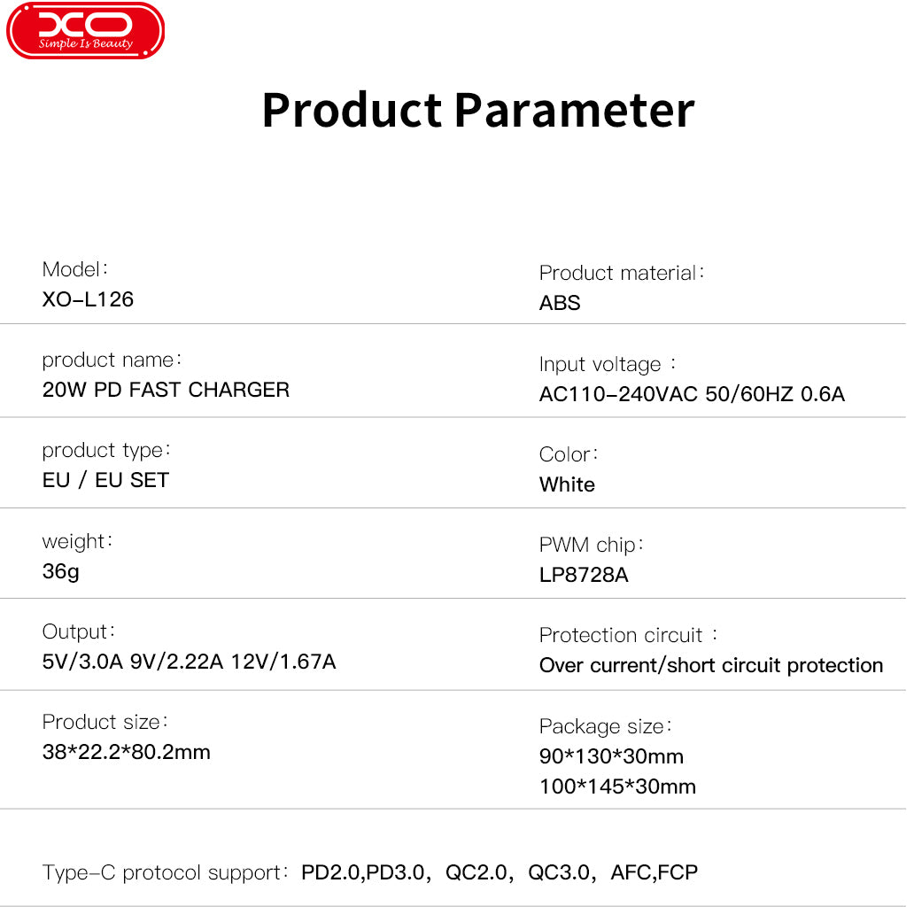 Netværksoplader med USB-C kabel XO Design L126, 20W, 3A, 1 x USB-C, Hvid
