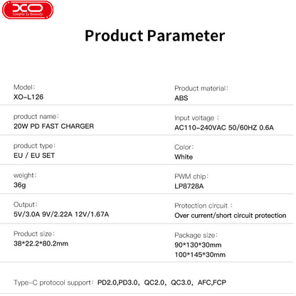 Netværksoplader med USB-C kabel XO Design L126, 20W, 3A, 1 x USB-C, Hvid