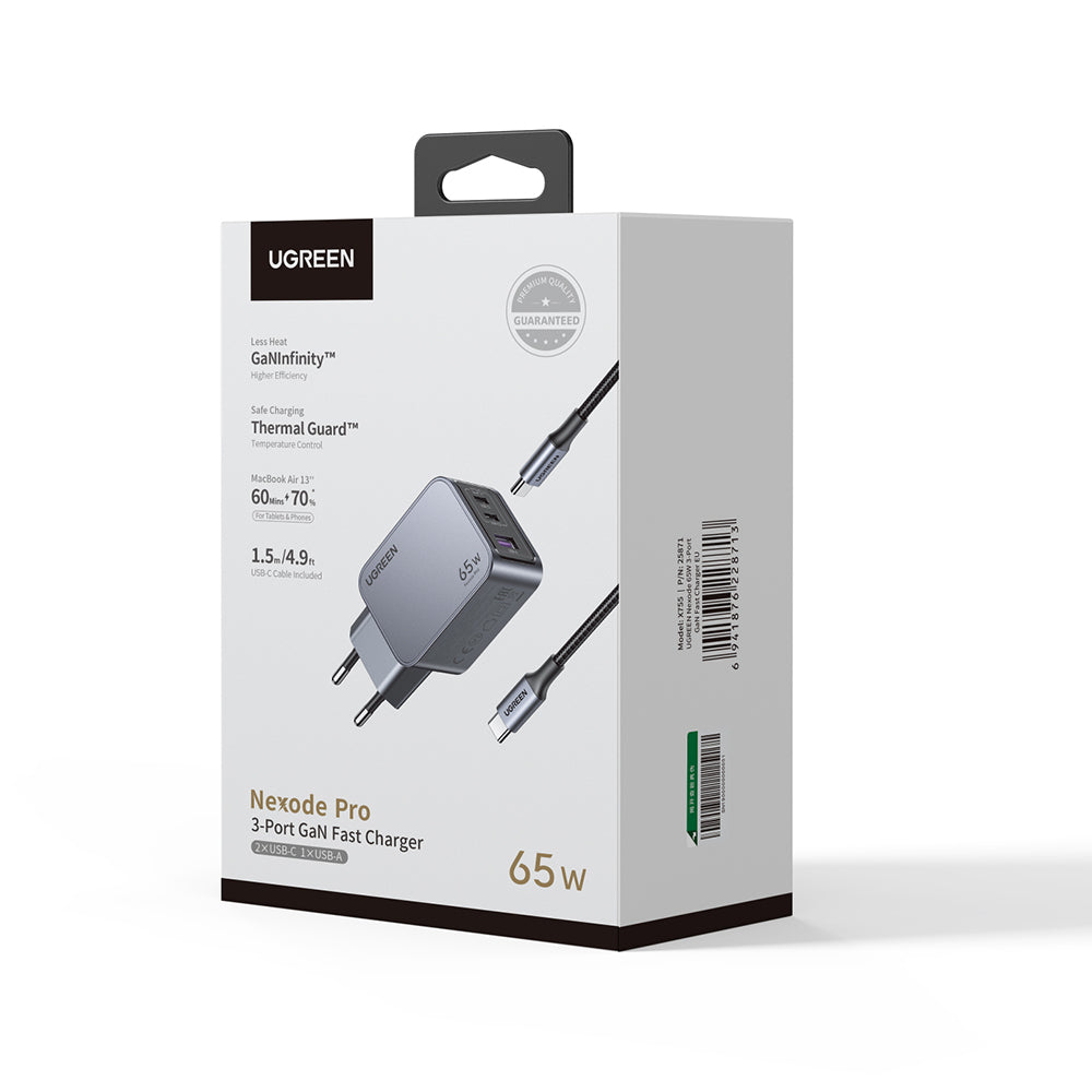 Netværksoplader med USB-C kabel UGREEN X755 Nexode Pro, 65W, 3A, 1 x USB-A - 2 x USB-C, Grå