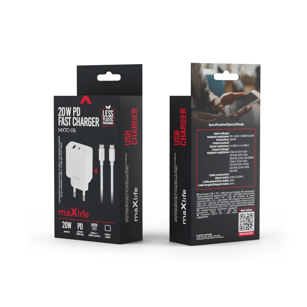 Netværksoplader med USB-C kabel MaXlife MXTC-06-20AC, 20W, 3A, 1 x USB-A - 1 x USB-C, Hvid