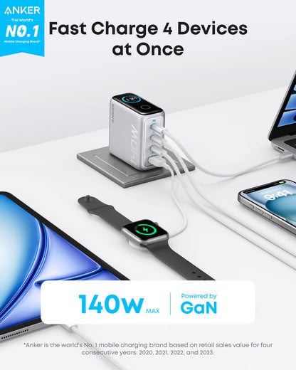 Netværksoplader med USB-C Kabel Anker Zolo, 140W, 5A, 1 x USB-A - 3 x USB-C, Sølv B2697G41