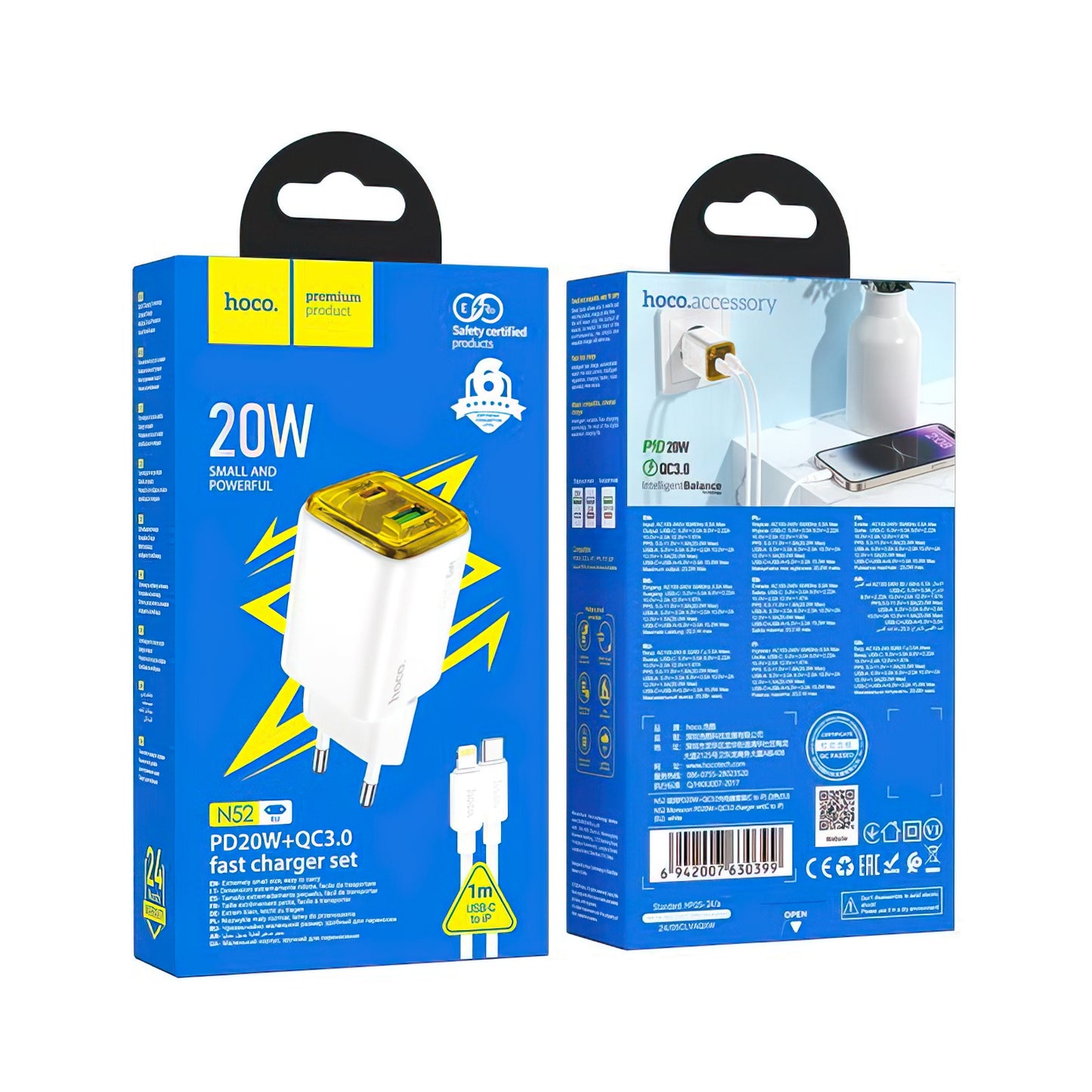 Netværksoplader med Lightning-kabel HOCO N52, 20W, 3A, 1 x USB-A - 1 x USB-C, Hvid