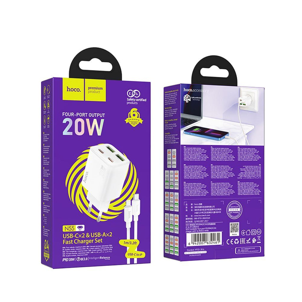 Netværksoplader med Lightning-kabel HOCO N55, 20W, 3A, 2 x USB-A - 2 x USB-C, Hvid