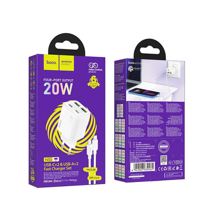 Netværksoplader med Lightning-kabel HOCO N55, 20W, 3A, 2 x USB-A - 2 x USB-C, Hvid