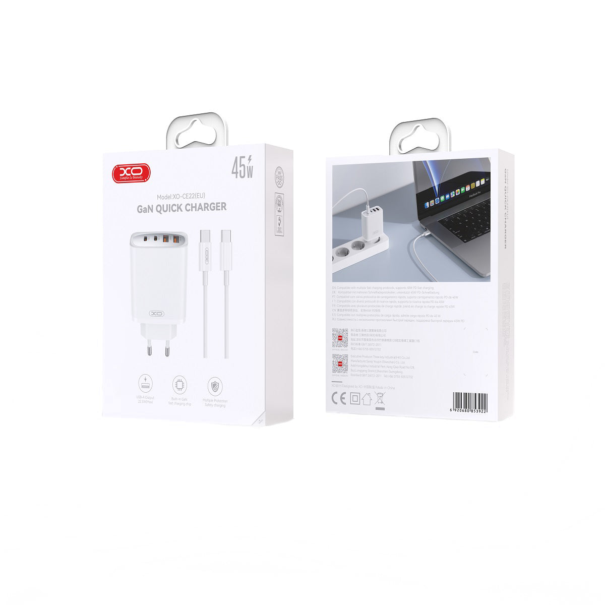 Netværksoplader med USB-C Kabel XO Design CE22, 45W, 3A, 2 x USB-A - 2 x USB-C, Hvid