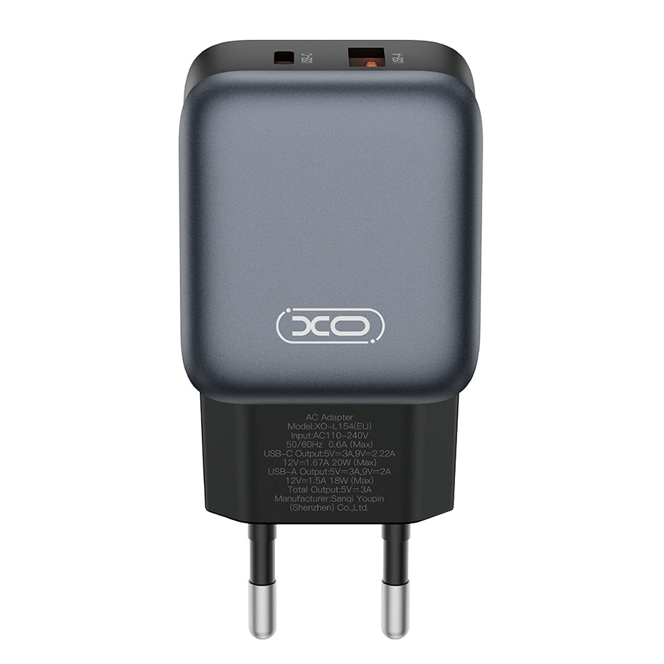 Netværksoplader med Lightning-kabel XO Design L154, 20W, 3A, 1 x USB-A - 1 x USB-C, Sort
