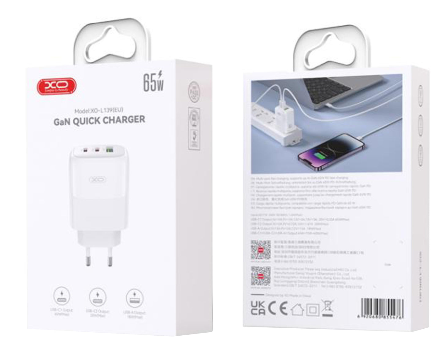 Network Charger with USB-C Cable XO Design L139, 65W, 4.5A, 1 x USB-A - 2 x USB-C, White