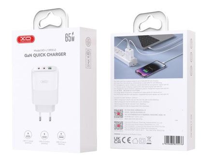 Network Charger with USB-C Cable XO Design L139, 65W, 4.5A, 1 x USB-A - 2 x USB-C, White