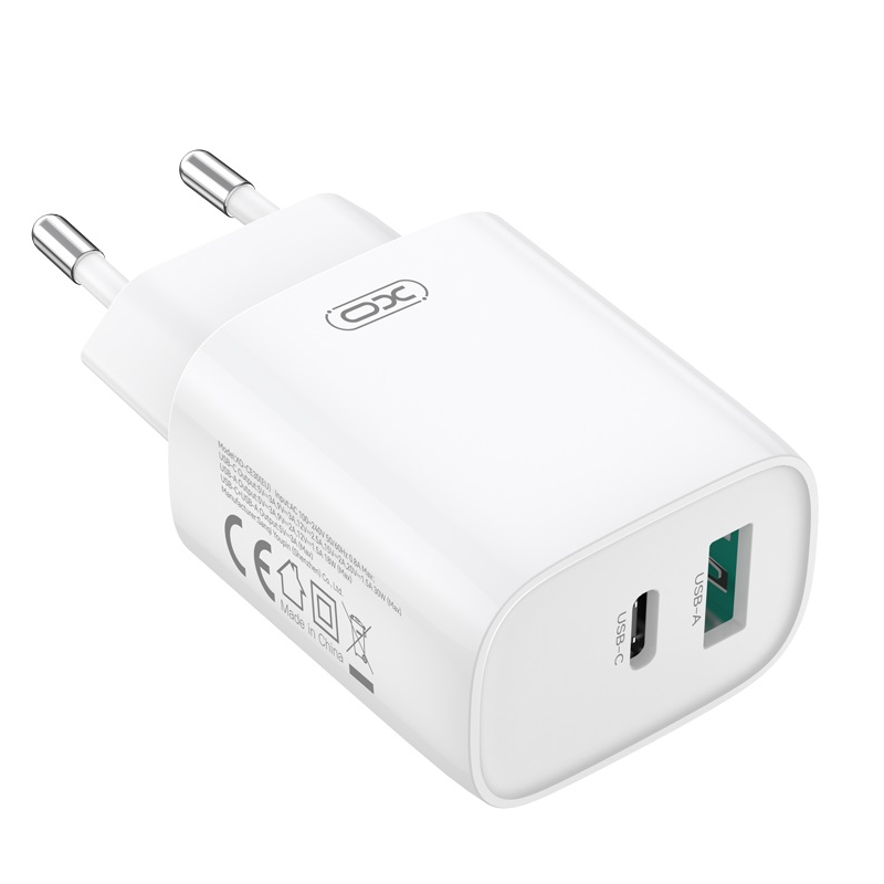 Netværksoplader med Lightning-kabel XO Design CE30, 30W, 3A, 1 x USB-A - 1 x USB-C, Hvid