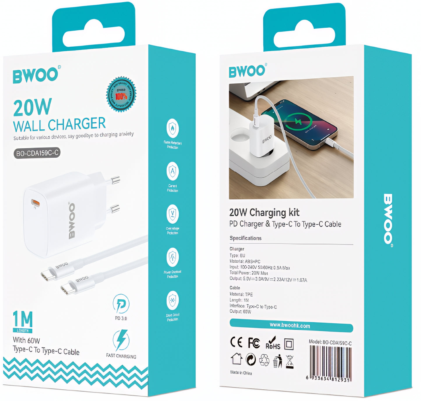 Netværksoplader med USB-C Kabel BWOO CDA159, 20W, 3A, 1 x USB-C, Hvid