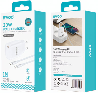 Netværksoplader med USB-C Kabel BWOO CDA159, 20W, 3A, 1 x USB-C, Hvid