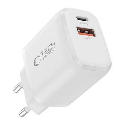 Netoplader med Lightning-kabel Tech-Protect NCA20, 20W, 3A, 1 x USB-A - 1 x USB-C, Hvid