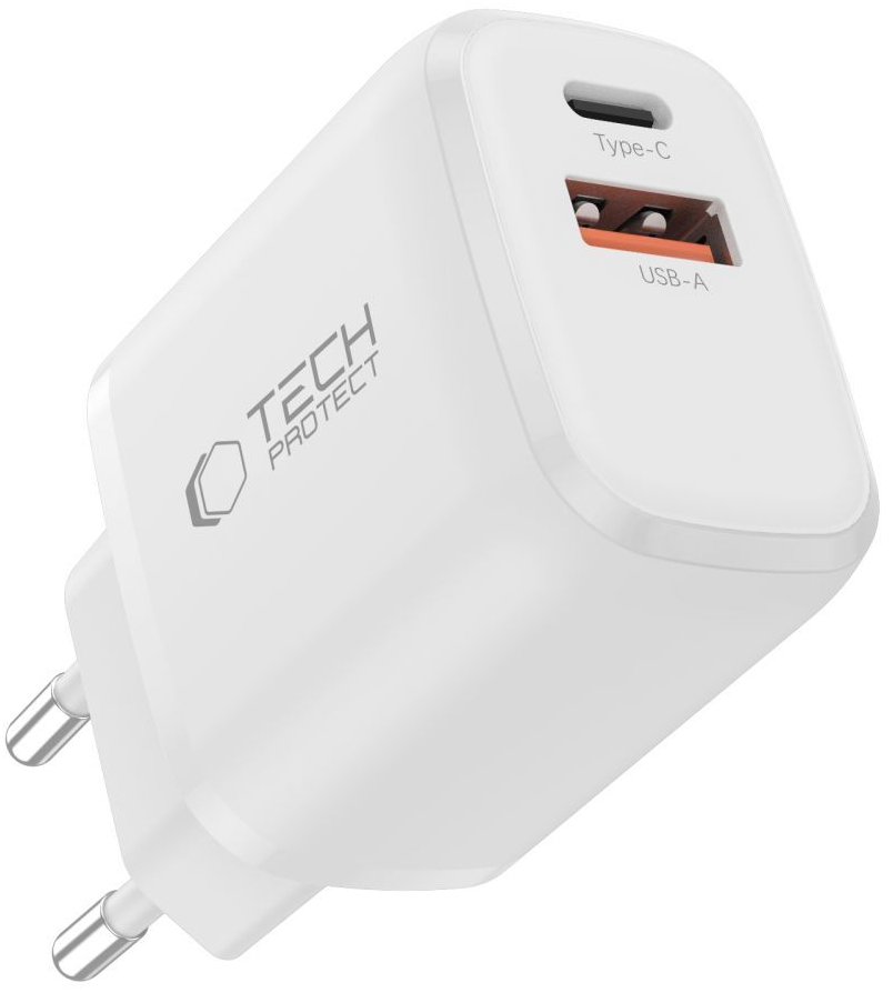 Netoplader med USB-C-kabel Tech-Protect NCA20, 20W, 3A, 1 x USB-A - 1 x USB-C, Hvid