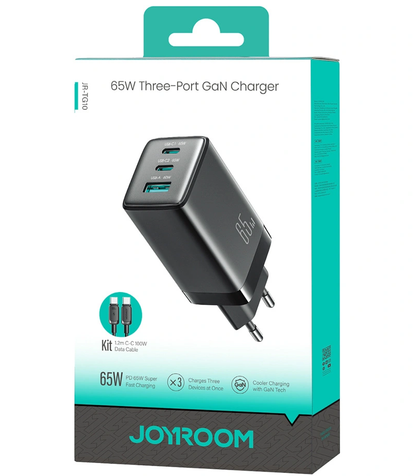 Netoplader med USB-C-kabel Joyroom JR-TG10, 65W, 3,25A, 1 x USB-A - 2 x USB-C, Sort