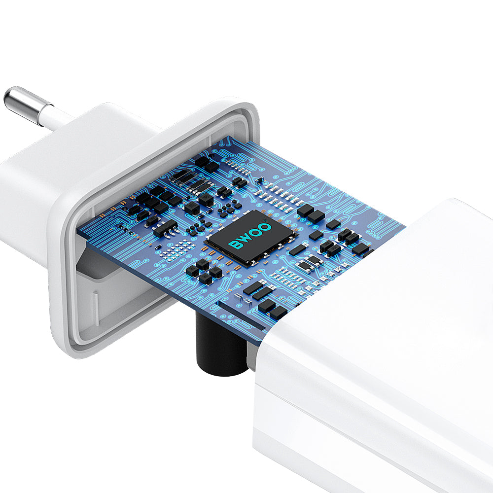 Netoplader med Lightning-kabel BWOO CDA182, 38W, 3A, 1 x USB-A - 1 x USB-C, Hvid