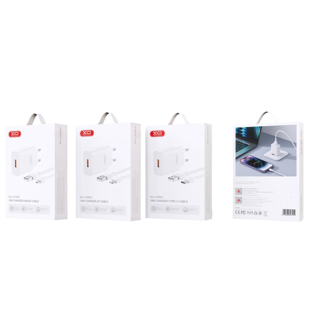 Netoplader med USB-C-kabel XO Design L127, 18W, 3A, 1 x USB-A, Hvid