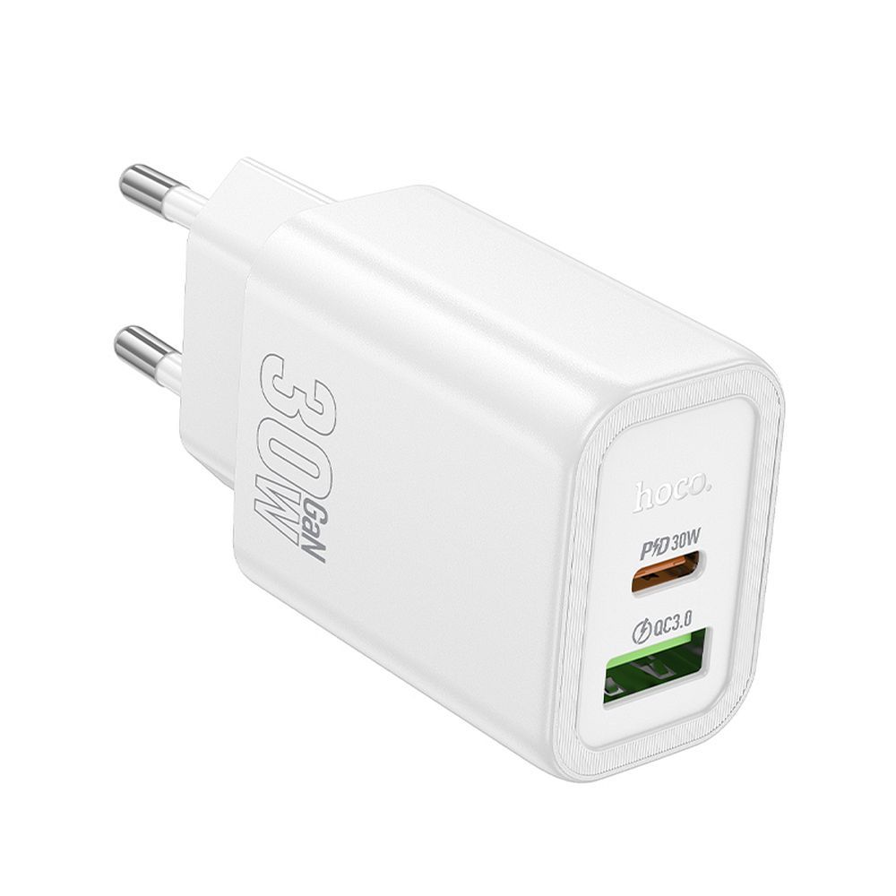 HOCO N63 Netværksoplader, 30W, 3A, 1 x USB-A - 1 x USB-C, Hvid