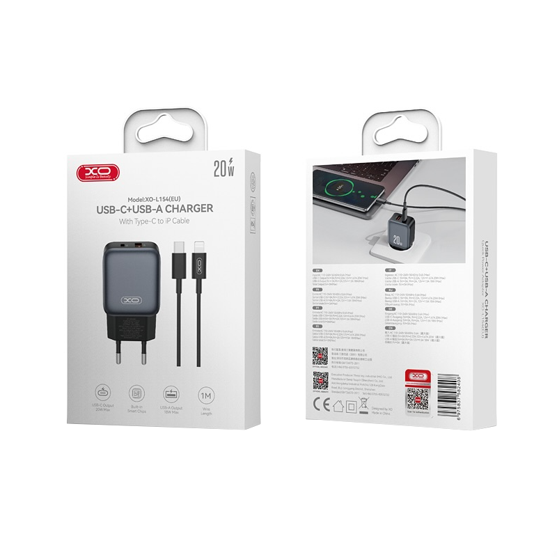 Netværksoplader med Lightning-kabel XO Design L154, 20W, 3A, 1 x USB-A - 1 x USB-C, Sort