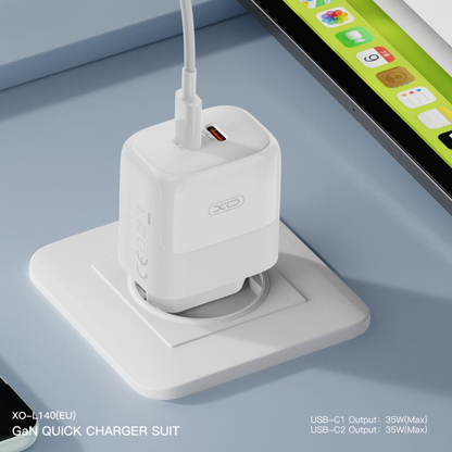 Netværksoplader med Lightning-kabel XO Design L140, 35W, 3A, 2 x USB-C, Hvid