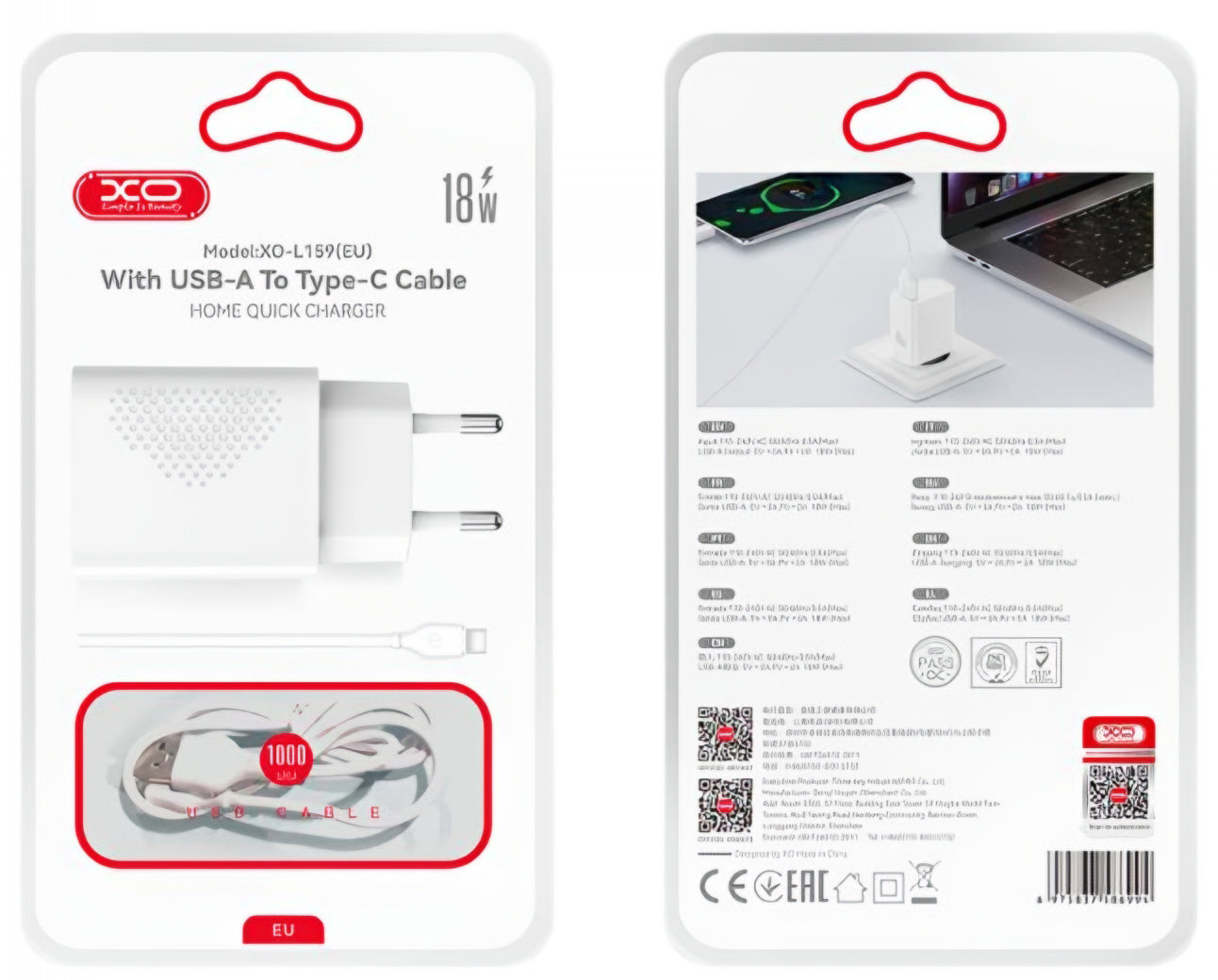 Netværksoplader med USB-C kabel XO Design L159, 18W, 3A, 1 x USB-A, Hvid