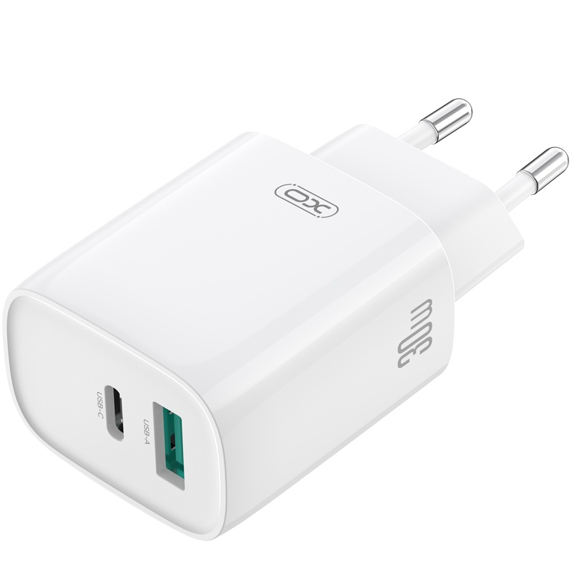 Netværksoplader med Lightning-kabel XO Design CE30, 30W, 3A, 1 x USB-A - 1 x USB-C, Hvid
