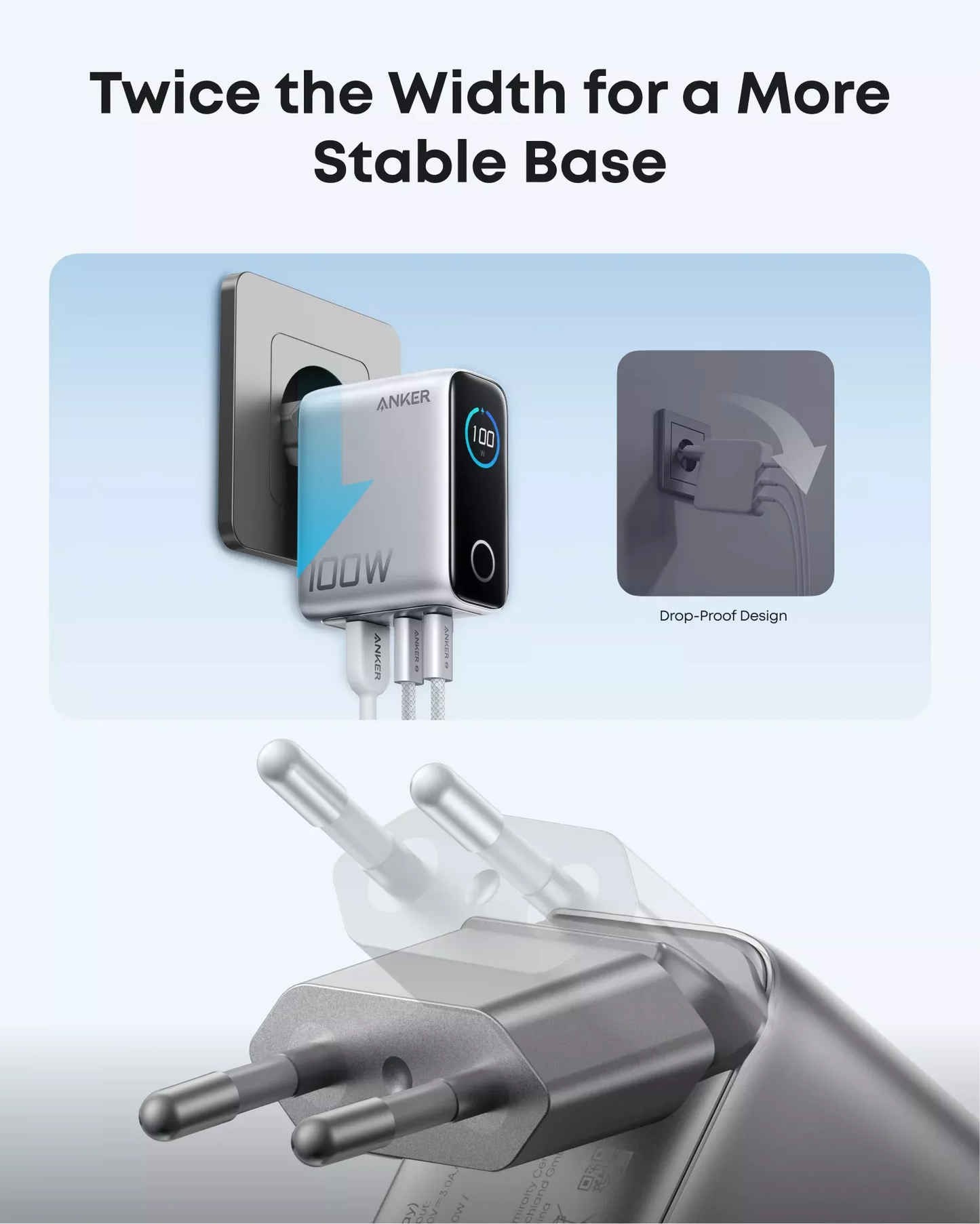 Netværksoplader med USB-C kabel Anker Smart Display, 100W, 5A, 1 x USB-A - 2 x USB-C, Sølv B121BG41