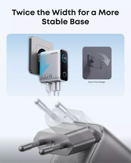 Netværksoplader med USB-C kabel Anker Smart Display, 100W, 5A, 1 x USB-A - 2 x USB-C, Sølv B121BG41