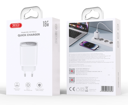 Netværksoplader med USB-C kabel XO Design CE19, 18W, 3A, 1 x USB-A, Hvid
