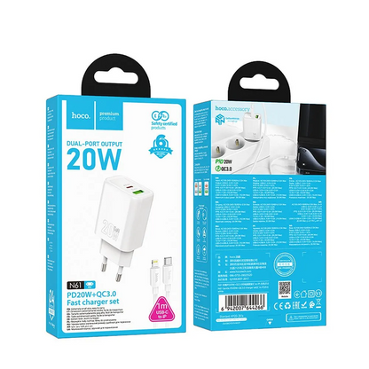 Netværksoplader med Lightning-kabel HOCO N61, 20W, 3A, 1 x USB-A - 1 x USB-C, Hvid