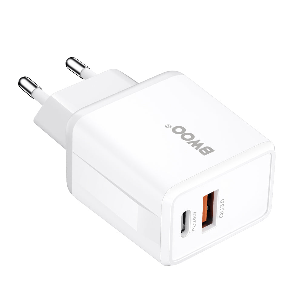 Netoplader med Lightning-kabel BWOO CDA182, 38W, 3A, 1 x USB-A - 1 x USB-C, Hvid