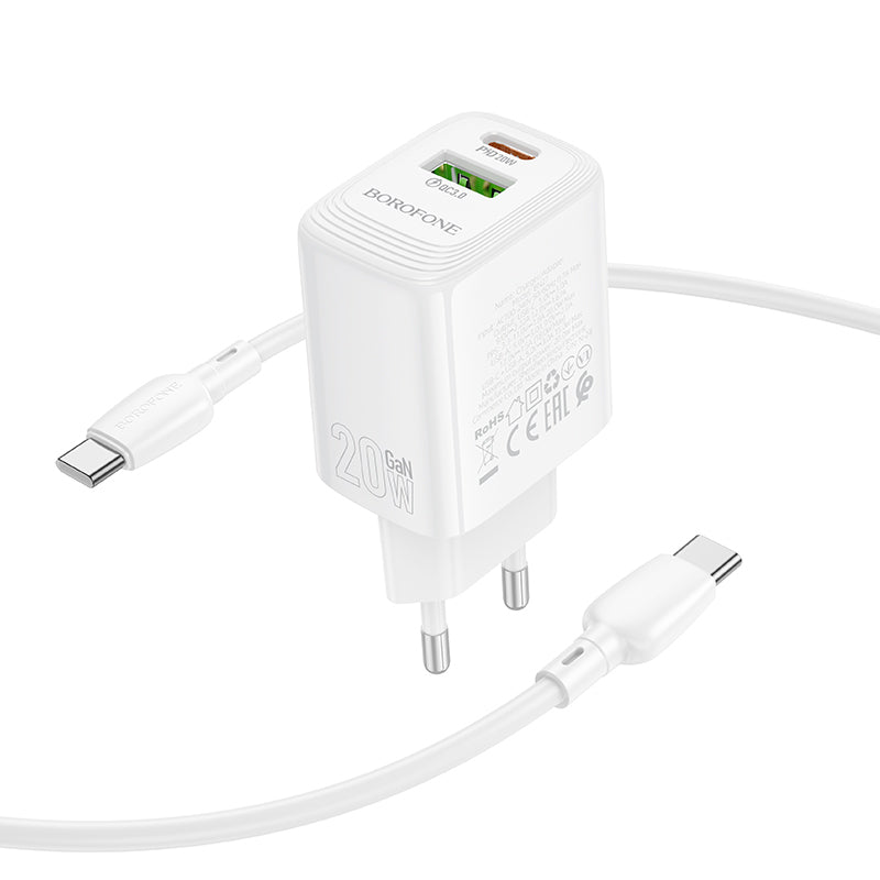 Netværksoplader med USB-C kabel Borofone BN27 Fuente, 20W, 3A, 1 x USB-A - 1 x USB-C, Hvid