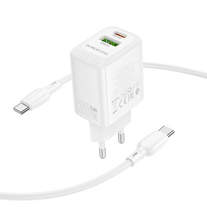 Netværksoplader med USB-C kabel Borofone BN27 Fuente, 20W, 3A, 1 x USB-A - 1 x USB-C, Hvid