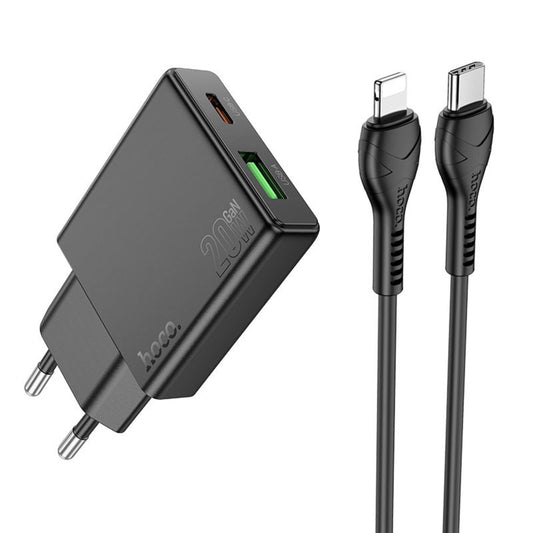 Netværksoplader med Lightning-kabel HOCO N38, 20W, 3A, 1 x USB-A - 1 x USB-C, Sort