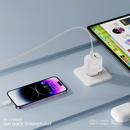 Netværksoplader med Lightning-kabel XO Design L140, 35W, 3A, 2 x USB-C, Hvid