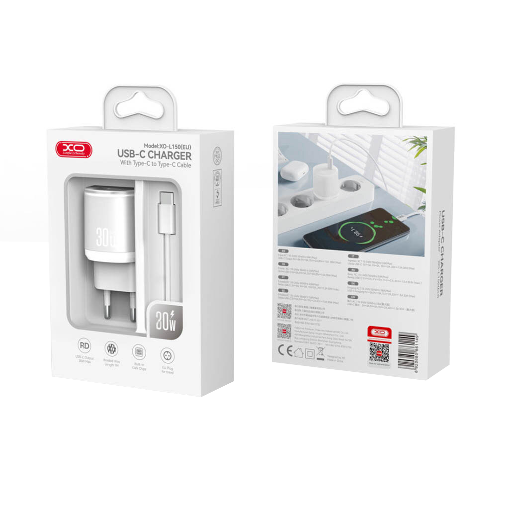 Netværksoplader med USB-C kabel XO Design L150, 30W, 3A, 1 x USB-C, Hvid