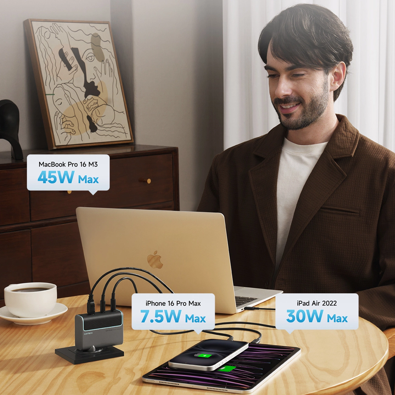 Netværksoplader med USB-C-kabel Cuktech, 100W, 5A, 1 x USB-A - 2 x USB-C, Grå CUKAD1003EUG