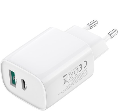 Netværksoplader med Lightning-kabel XO Design CE30, 30W, 3A, 1 x USB-A - 1 x USB-C, Hvid