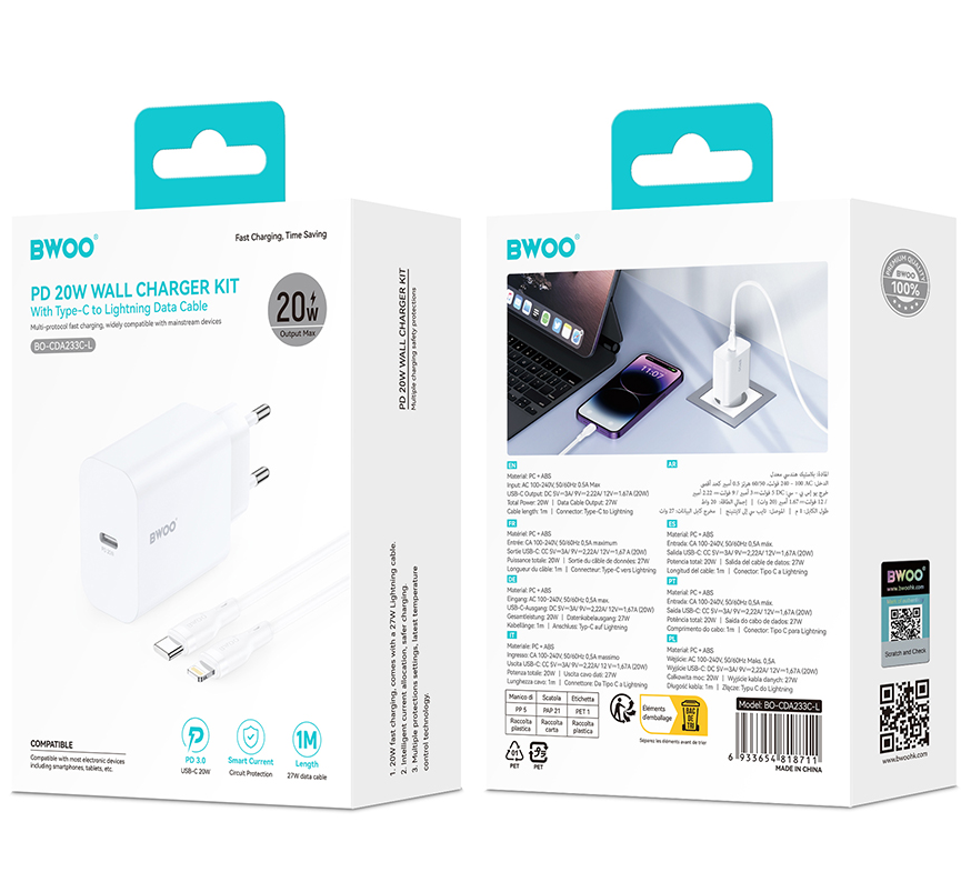 Netværksoplader med Lightning-kabel BWOO CDA233, 20W, 3A, 1 x USB-C, Hvid