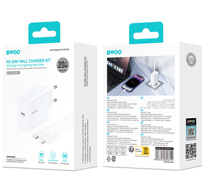 Netværksoplader med Lightning-kabel BWOO CDA233, 20W, 3A, 1 x USB-C, Hvid