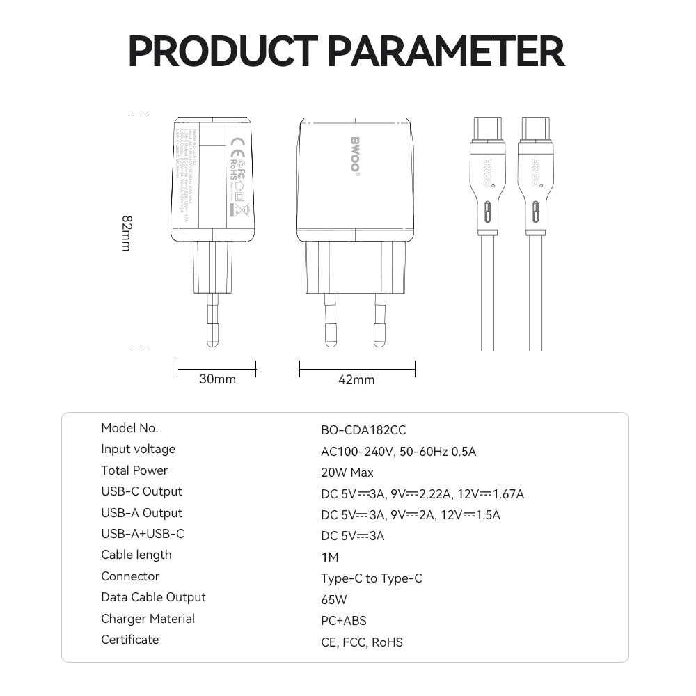 Netværksoplader med USB-C kabel BWOO CDA182, 38W, 3A, 1 x USB-A - 1 x USB-C, Hvid