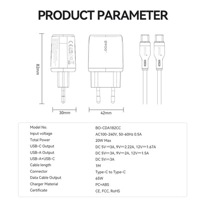 Netværksoplader med USB-C kabel BWOO CDA182, 38W, 3A, 1 x USB-A - 1 x USB-C, Hvid