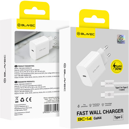 Blavec BC-14 USB-C-netoplader med kabel, 30 W, 3 A, 1 x USB-C, hvid