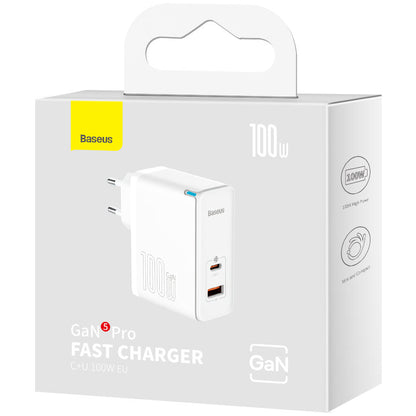 Netværksoplader med USB-C Kabel Baseus GaN5 Pro, 100W, 3A, 1 x USB-A - 1 x USB-C, Hvid CCGP090202
