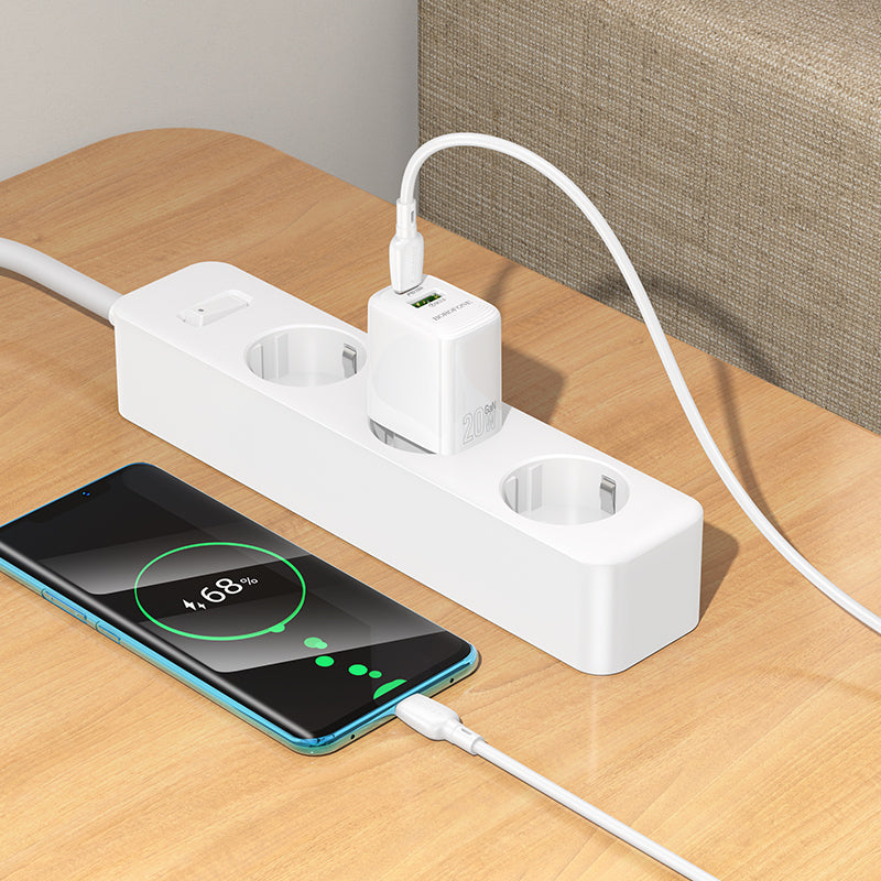 Netværksoplader med USB-C kabel Borofone BN27 Fuente, 20W, 3A, 1 x USB-A - 1 x USB-C, Hvid