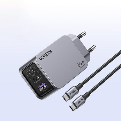 Netværksoplader med USB-C kabel UGREEN X755 Nexode Pro, 65W, 3A, 1 x USB-A - 2 x USB-C, Grå