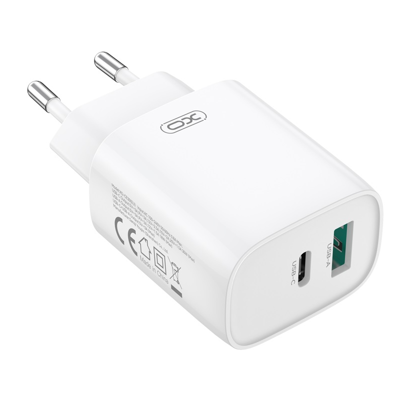 Netværksoplader med Lightning-kabel XO Design CE30, 30W, 3A, 1 x USB-A - 1 x USB-C, Hvid